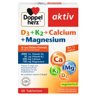 Abbildung der Produktverpackung Doppelherz aktiv D3 + K2 + Calcium + Magnesium Frontansicht